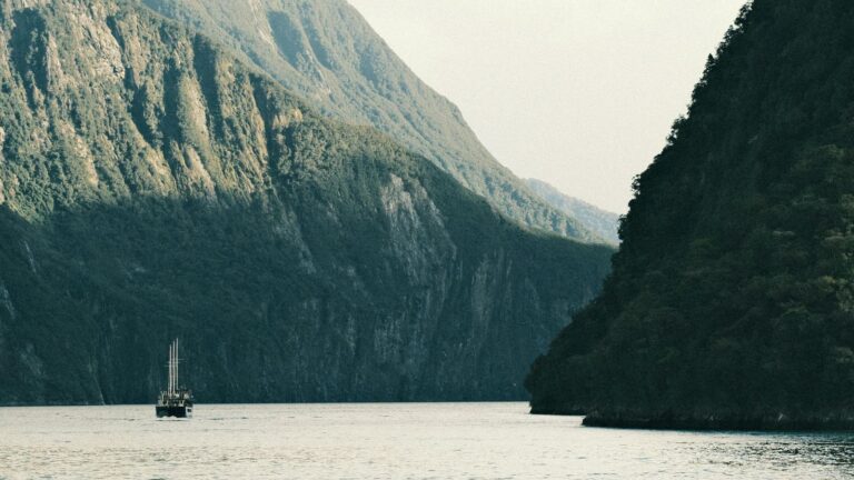 Boat travelling through Milford Sound (Piopiotahi) in Fiordland National Park, New Zealand, with steep forested cliffs and calm water creating a sense of scale and quiet.